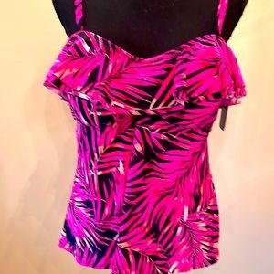 Island Escape NWT hot pink and black print tankini. It is size 16.